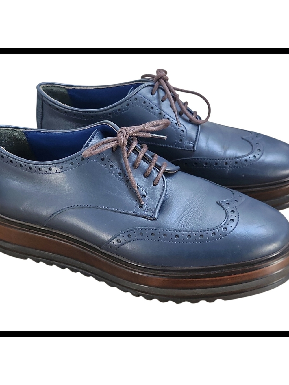 BOEMOS Italian Leather Wingtip Platform Lace Up Oxford Shoes Navy Blue 39 8.5